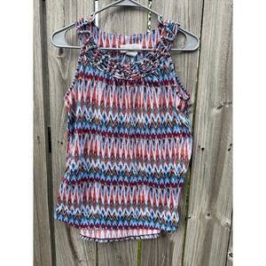 Fashion Avenue Womens Small Ikat Chevron Sleeveless Top Blue Orange Braided Neck
